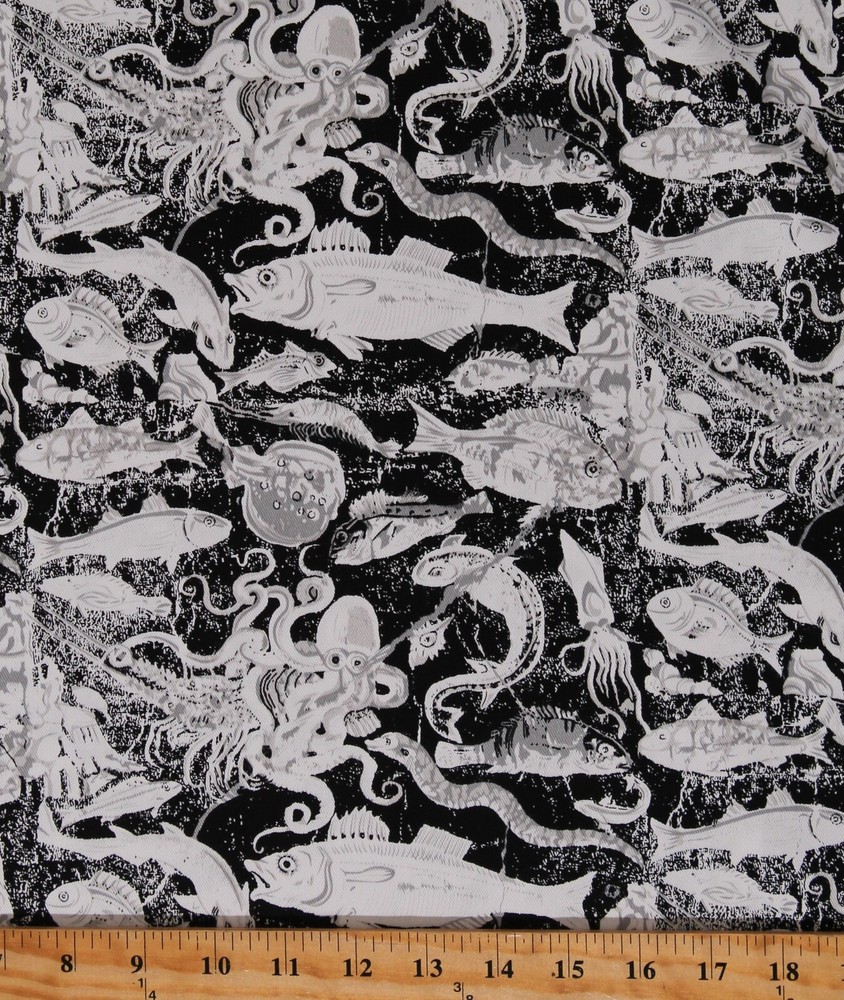 Twill Fish Ocean Sea Animals Black White Home Decor Fabric by Yard D252.12