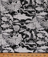 Twill Fish Ocean Sea Animals Black White Home Decor Fabric by Yard D252.12