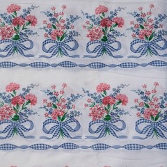 Vintage Floral Fabric White with Blue and Pink Gingham Bows 4 Yards Cottagecore