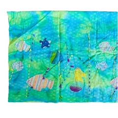 Fabric Tie Dye Appliquéd Sea Life Fish Blue Green Cotton India Approx 3.5 Yd