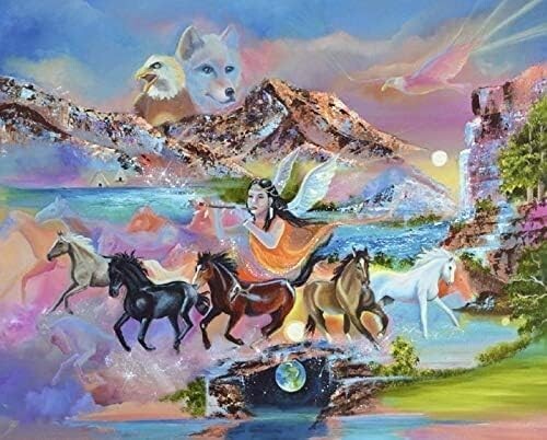 DAVID TEXTILES Spirit Of The Horse, Wolf And Mountains Cotton Panel AL 3774