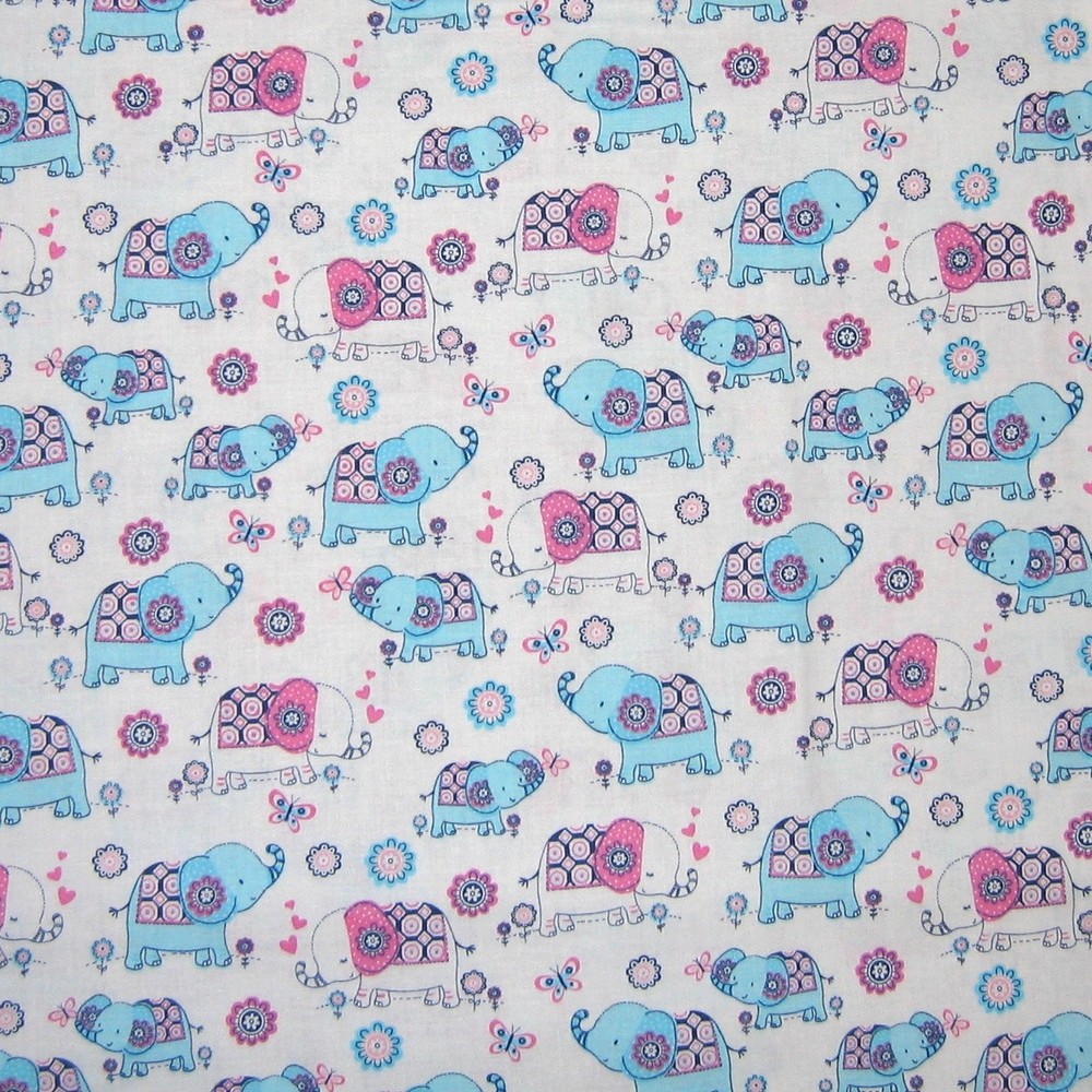 Nursery Baby Fabric – White and Blue Elephants – 3 Wishes YARD