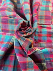 Fabric -Madras Woven Plaid Patchwork Sewn 3×3 Squares Grunge Indie Boho Sold BTY