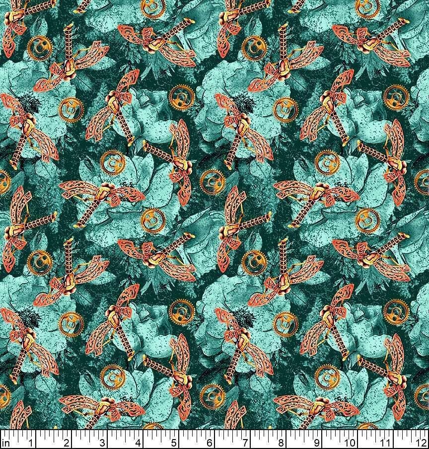 Blank Quilting Fabric by the 1/4 yard Cotton Time Travel Steampunk Dragonflies