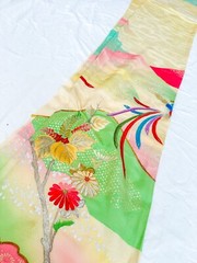 Vintage Japanese Furisode kiomono fabric silk 63” X 14” Multicolor Floral v308