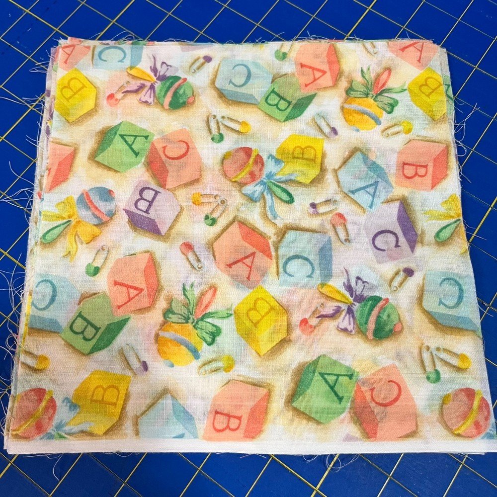 9″ Fabric Squares – Lot of 13 – Vintage baby theme blocks numbers rattle pastel