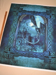 Cotton fabric panel, Dragons In The Beginning, blue, wallhanging, 44″ x 36″