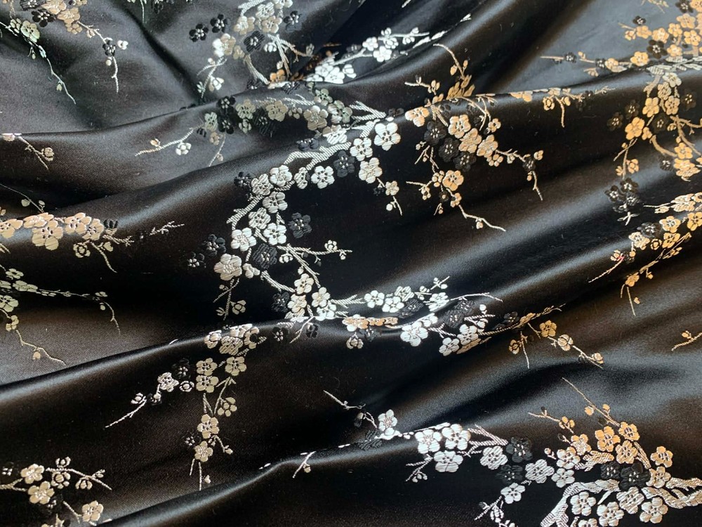 Black & Silver Cherry Blossom Dogwood Floral – Silk Brocade Fabric