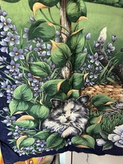 Vtg Blue Cat Fabric Panel Butterfly Bird Lilac Flowers PREWASHED Cotton Quilt