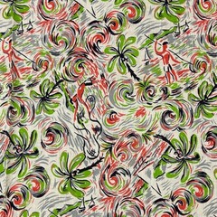 Vintage 40s 50s Novelty Print Fabric Tropical Island Palm Tree Tiki 31×28