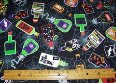 1 yard of COLORFUL HALLOWEEN POTION BOTTLES on BLACK 100% Cotton Fabric