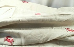 Red Crab Embroidered Linen Look Fabric 3-5/8+ yd (132″l) 54″w Natural Flax color