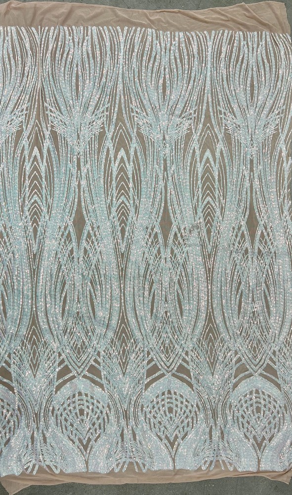 Athena Iridescent WHITE PINK Sequins on NUDE Mesh Lace Fabric by the Yard
