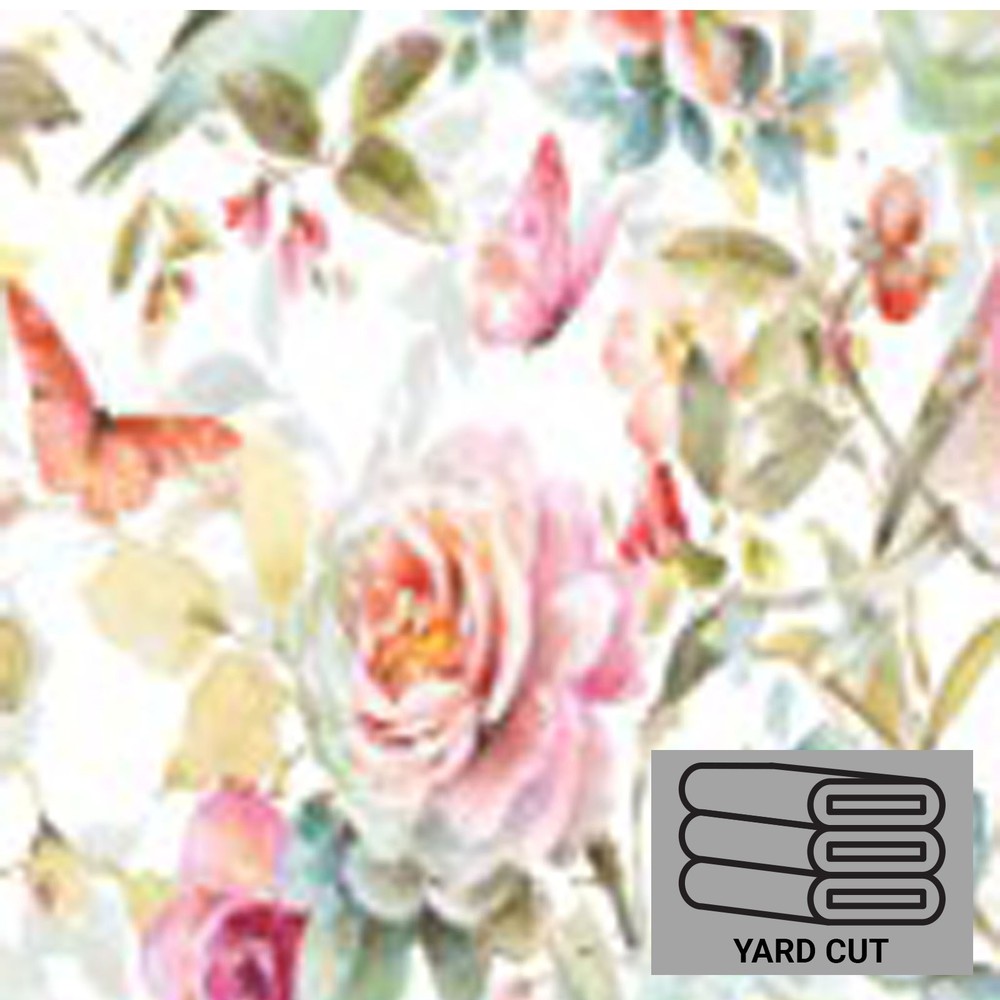 Beautiful Romance Butterfly Floral Rose on White Cotton Fabric 1-Yard Pre-Cut