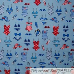 BonEful Fabric FQ Cotton Quilt VTG Blue Red White Swim Suit Girl Hat Flip Flop S