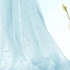 Light Blue Glitter Tulle Fabric Rolls, 1 Yard, Star & Moon Sequin | 54 Inch Wide