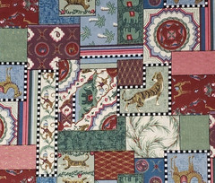 VTG Moroccan Patchwork Tiles w/Jungle Animals Gold Accents Cheater Quilt BTHY