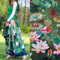 DIY Print Floral Painting Linen Fabric Dress Material Sewing Chinese Cloth Sew