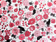 Black Cat Silhouettes with Red and Pink Flowers Oxford Cotton Fabric BTHY
