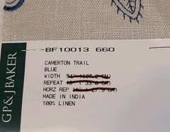 G P & J Baker Fabric Sample Blue Tan 100% Linen 20 1/2″ X 20 1/2″ Embroidered