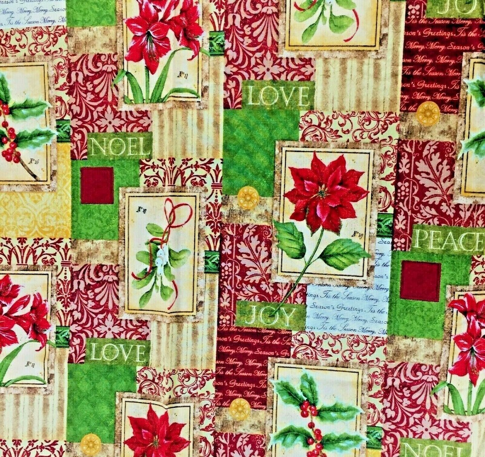 Holiday Christmas’ Tis the Season’ Florals Scrip cotton fabric BTHY 18″ x 42″
