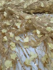 “Embroidered Fabric with 3D Flowers and Gold Lace – Sold by the Yard with Sequin