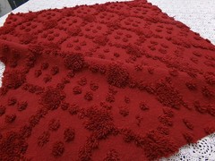 Cranberry Red Vtg Style Chenille Bedspread Fabric 18×24 Piece Geometric Dots