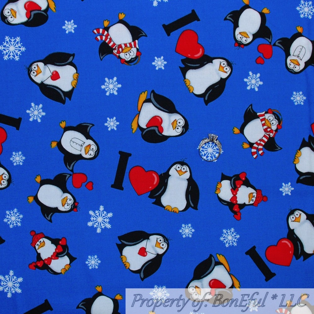 BonEful FABRIC FQ Cotton Quilt Blue Black White B&W Penguin Red Heart I LOVE YOU