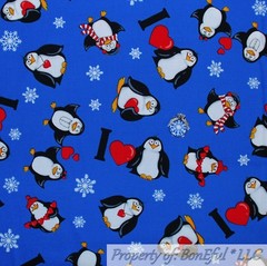 BonEful FABRIC FQ Cotton Quilt Blue Black White B&W Penguin Red Heart I LOVE YOU