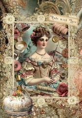 Antique Victorian Sewing A Designer Cotton Fabric Quilt Block Multi-size