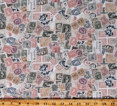 Cotton Postage Stamps Travel Low Key Cream Fabric Print by the Yard D476.67
