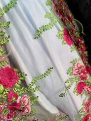 “Fuchsia Floral Lace Fabric on White Mesh with Green Leaf Embroidery – Sold by t