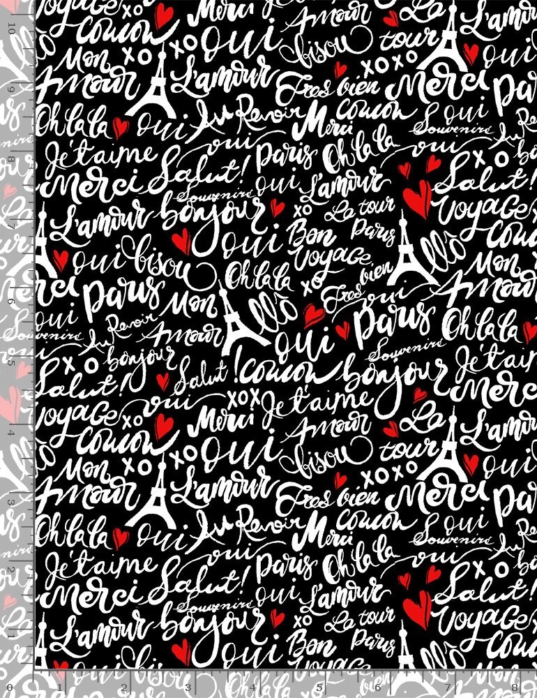 Bonjour Fabric – Paris French Word Script on Black – Timeless Treasures YARD