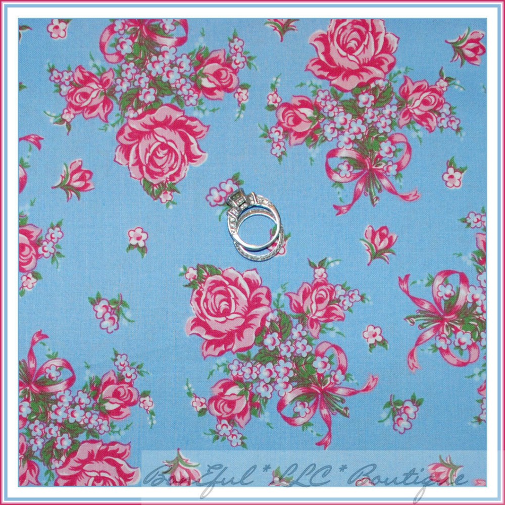 BonEful Fabric FQ Cotton Quilt Blue Pink White Rose Flower Ribbon Bow Victorian