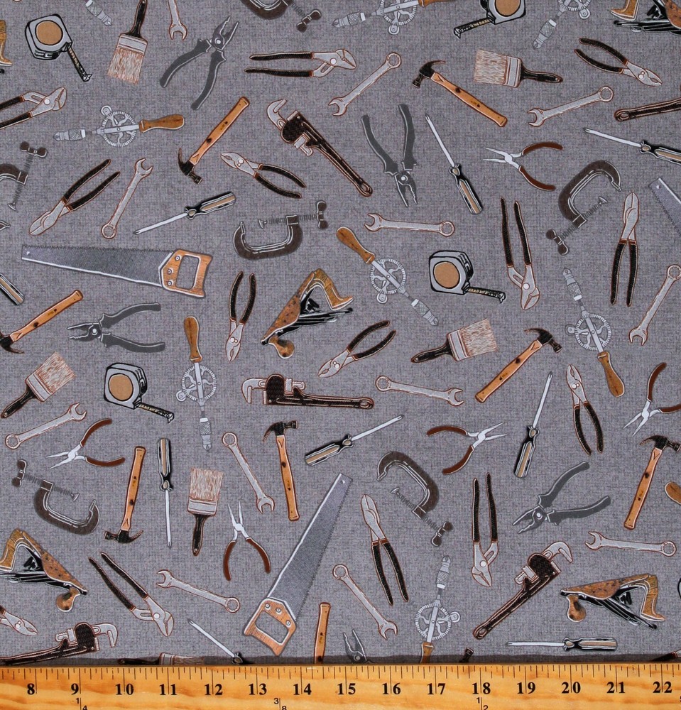Cotton Man Cave Tools Equipment Builder Charcoal Fabric Print by Yard D675.49