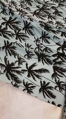 100% Rayon challis black Palm tree on baby blue background