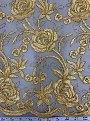 Dakota GOLD Polyester Corded Floral Embroidery on Mesh Lace Fabric by the Yard