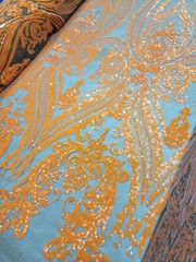 Orange Sequin Embroidered Lace Brown Stretch Mesh Fabric by the Yard For Dress