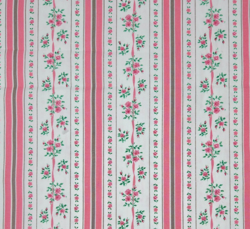 Vintage Cotton Fabric Floral Stripe Pink Ribbon White 69″ x 43″ Wide Crisp