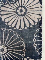 Vintage Japanese Handwoven Katazome Boro Indigo Fabric Chrysanthemum Faded 62″