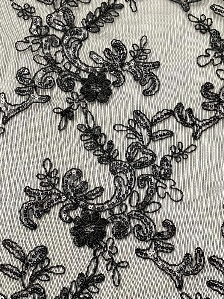 Black corded Floral lace with sequin Fabric Sold By Yard 52″ Wide Elena