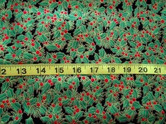 1 yd Cotton Fabric Black with Metallic Gold Outlined Green Ivy & Red Berries