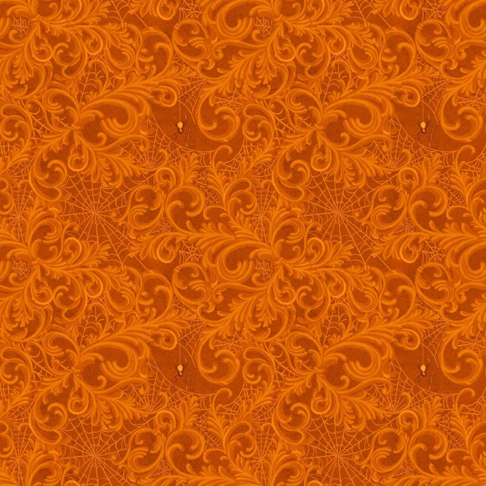 Lumin/White Owl – Dark Academia – Scrolls And Webs – Dark Pumpkin, Fabric BTY