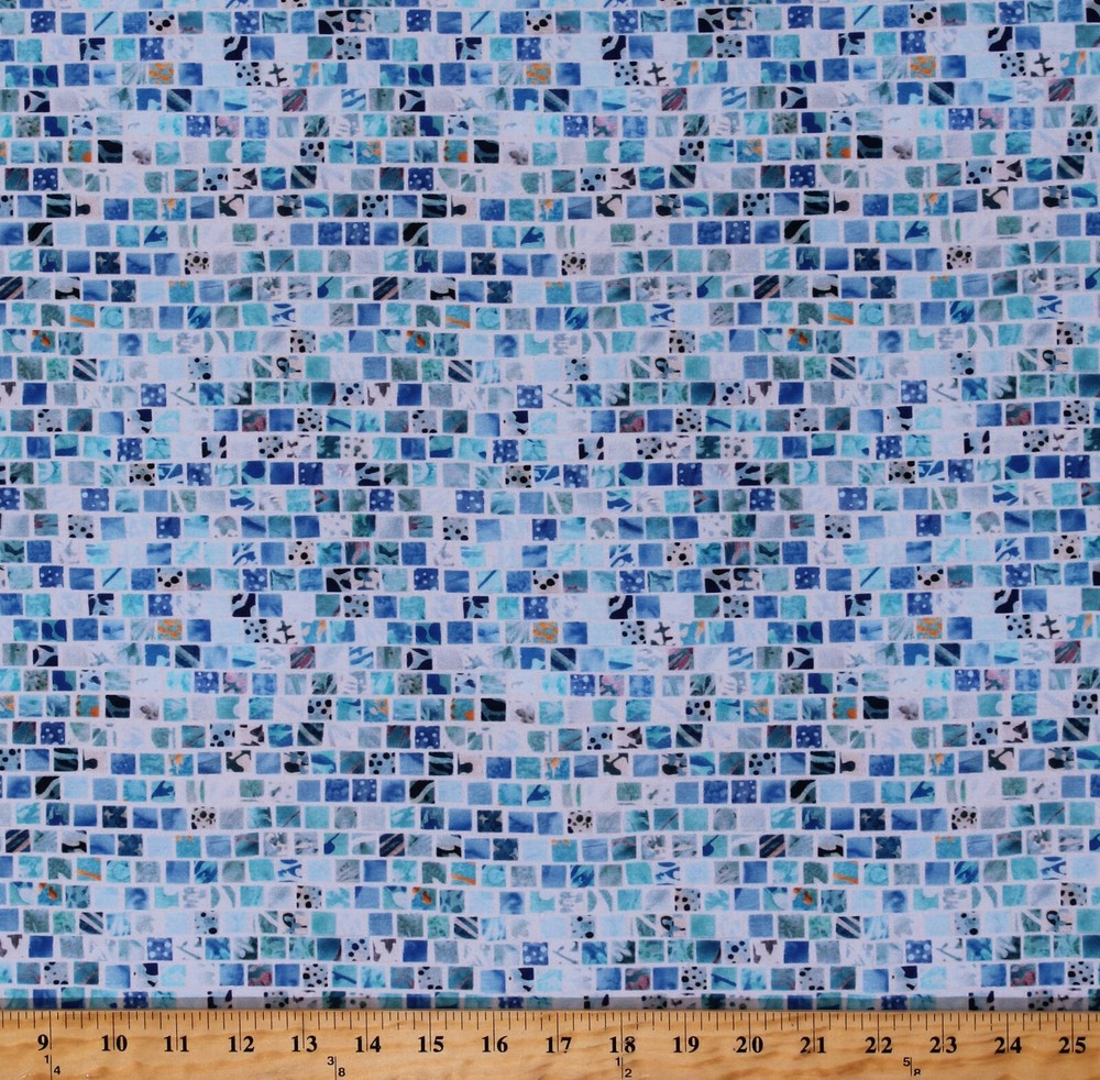 Cotton Mosaic Tiles Squares Mosaic Masterpiece Blue Fabric by Yard D757.29