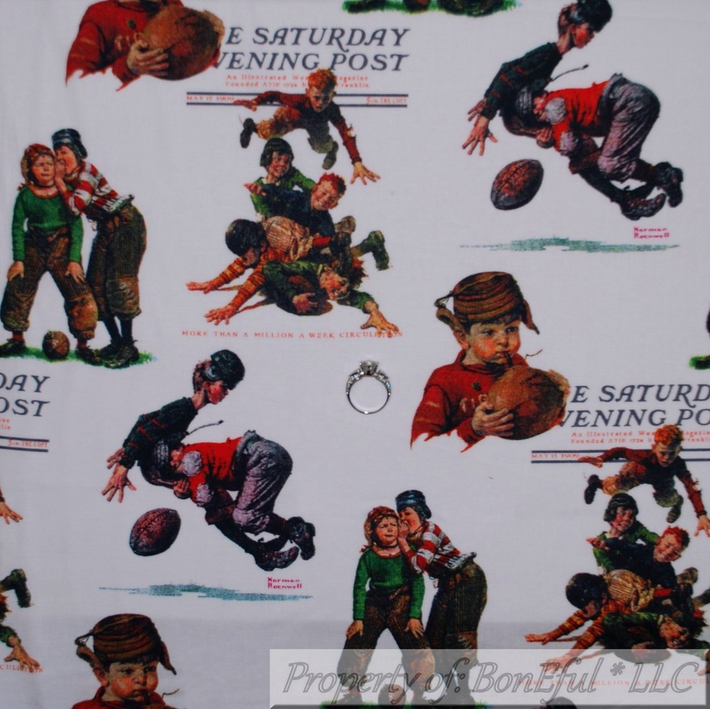 BonEful FABRIC FQ Cotton Quilt White Brown Boy Football Saturday Evening Post US