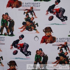 BonEful FABRIC FQ Cotton Quilt White Brown Boy Football Saturday Evening Post US