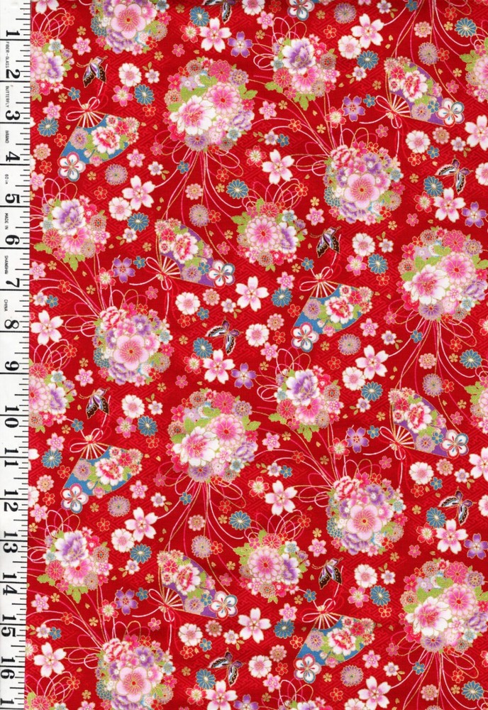 Japanese – Cosmo Floral Bouquets & Fans – AP45108-2C – Red – By the Half Yard
