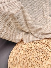 Soft Knit Fabric with Gold Thread, Cotoon Cream and Beige Striped 50” Width
