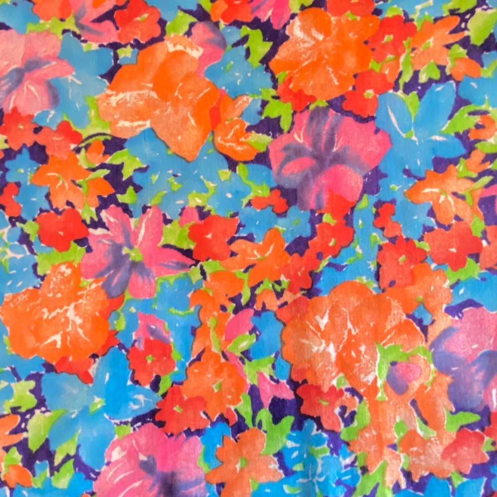 2.5 YD Vintage Impressionist Floral Fabric Cotton Orange Blue