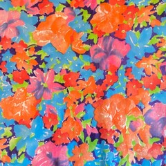 2.5 YD Vintage Impressionist Floral Fabric Cotton Orange Blue